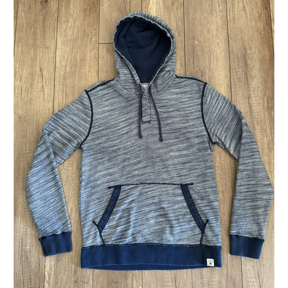 Lucky Brand ATHLETICS Navy Blue & White Striped 1/4 Snap Hooded Sweatshirt Sz‎ S - Picture 1 of 13
